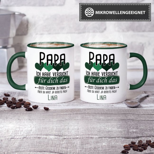 Tasse von WUNSCHNAME - F&uuml;r Papa von einem Kind - Innen &amp; Henkel Dunkelgr&uuml;n