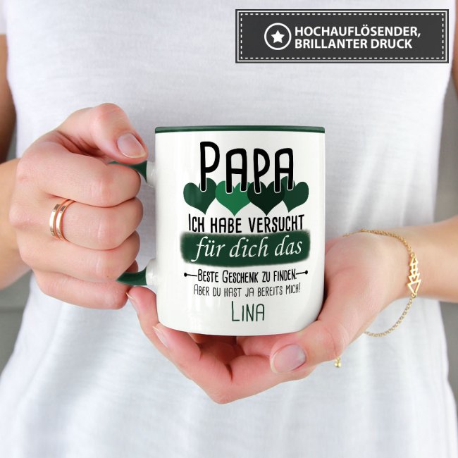 Tasse von WUNSCHNAME - F&uuml;r Papa von einem Kind - Innen &amp; Henkel Dunkelgr&uuml;n