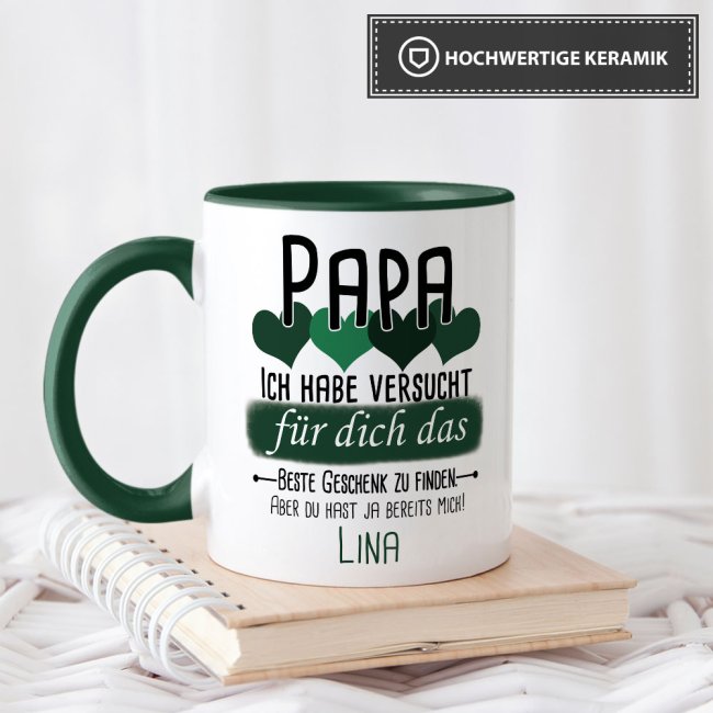 Tasse von WUNSCHNAME - F&uuml;r Papa von einem Kind - Innen &amp; Henkel Dunkelgr&uuml;n