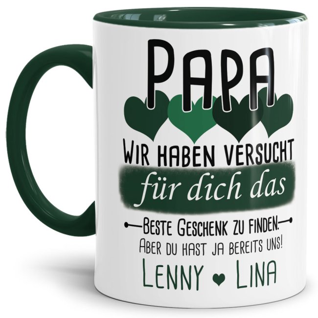 Tasse von WUNSCHNAMEN - F&uuml;r Papa von mehr Kindern - Innen &amp; Henkel Dunkelgr&uuml;n