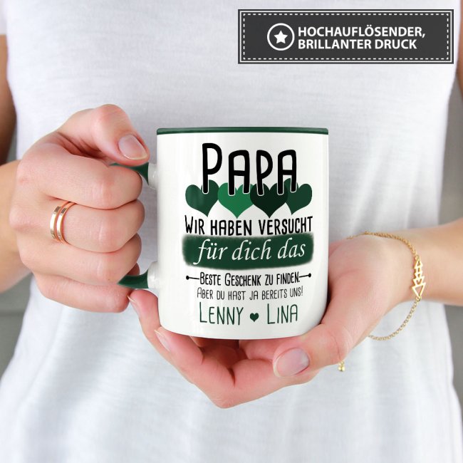 Tasse von WUNSCHNAMEN - F&uuml;r Papa von mehr Kindern - Innen &amp; Henkel Dunkelgr&uuml;n