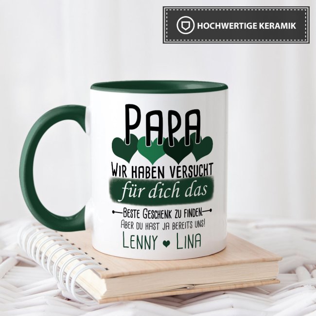 Tasse von WUNSCHNAMEN - F&uuml;r Papa von mehr Kindern - Innen &amp; Henkel Dunkelgr&uuml;n