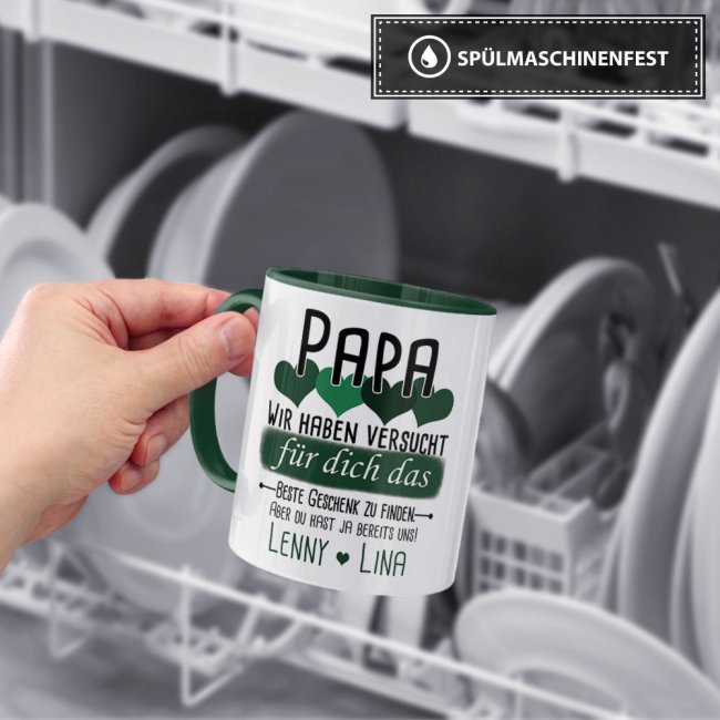 Tasse von WUNSCHNAMEN - F&uuml;r Papa von mehr Kindern - Innen &amp; Henkel Dunkelgr&uuml;n