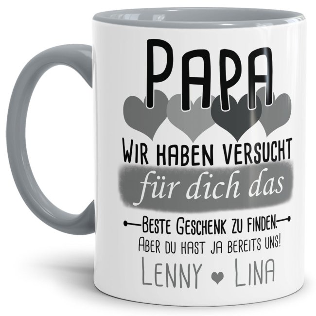 Tasse von WUNSCHNAMEN - F&uuml;r Papa von mehr Kindern - Innen &amp; Henkel Grau