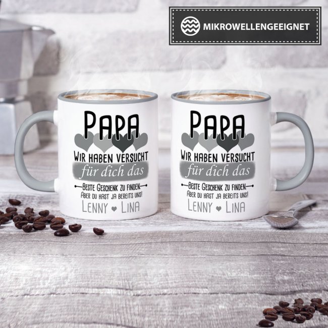 Tasse von WUNSCHNAMEN - F&uuml;r Papa von mehr Kindern - Innen &amp; Henkel Grau