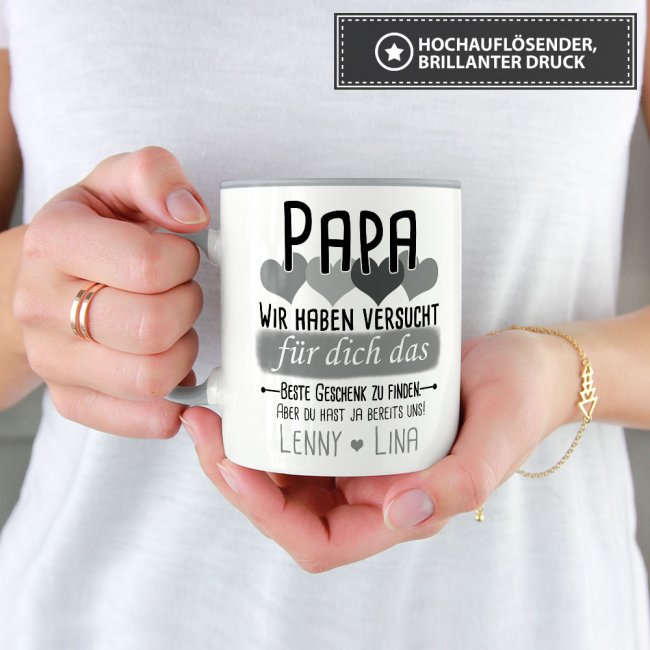 Tasse von WUNSCHNAMEN - F&uuml;r Papa von mehr Kindern - Innen &amp; Henkel Grau