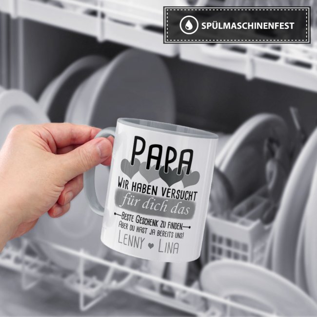 Tasse von WUNSCHNAMEN - F&uuml;r Papa von mehr Kindern - Innen &amp; Henkel Grau