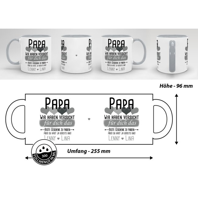 Tasse von WUNSCHNAMEN - F&uuml;r Papa von mehr Kindern - Innen &amp; Henkel Grau