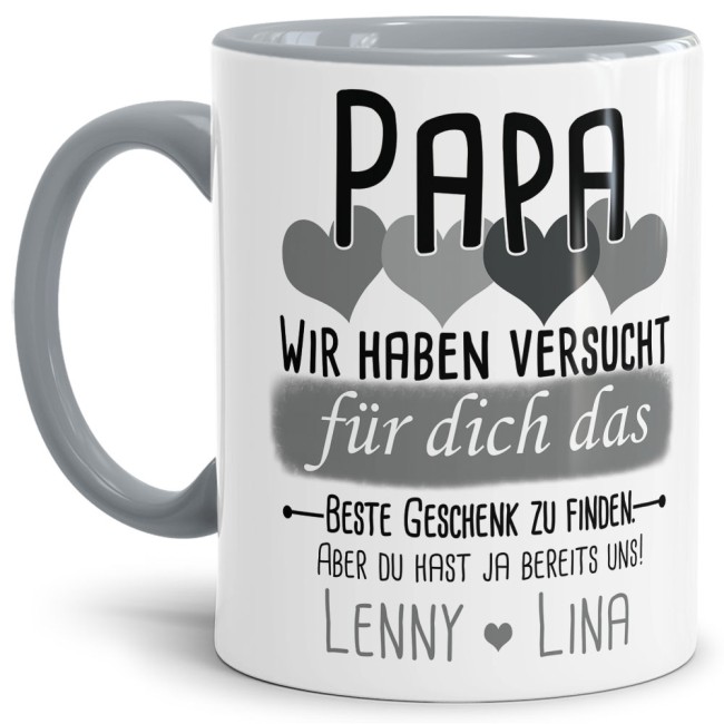Tasse von WUNSCHNAMEN - F&uuml;r Papa von mehr Kindern - Innen &amp; Henkel Grau