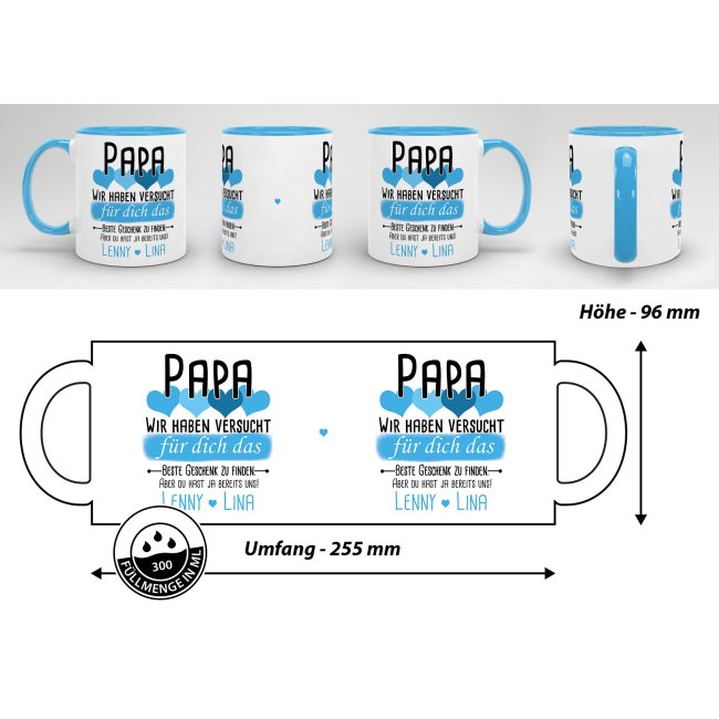 Tasse von WUNSCHNAMEN - F&uuml;r Papa von mehr Kindern - Innen &amp; Henkel Hellblau