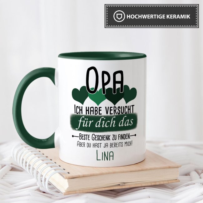 Tasse von WUNSCHNAME - F&uuml;r Opa von einem Kind - Innen &amp; Henkel Dunkelgr&uuml;n