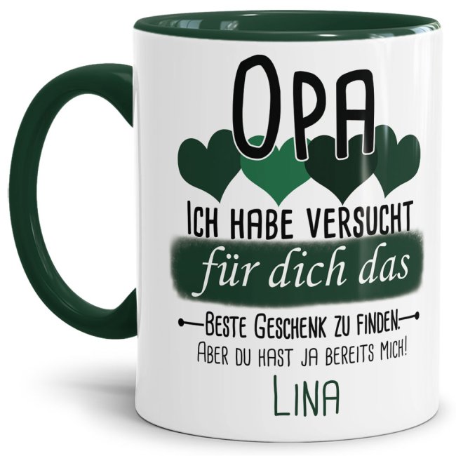 Tasse von WUNSCHNAME - F&uuml;r Opa von einem Kind - Innen &amp; Henkel Dunkelgr&uuml;n