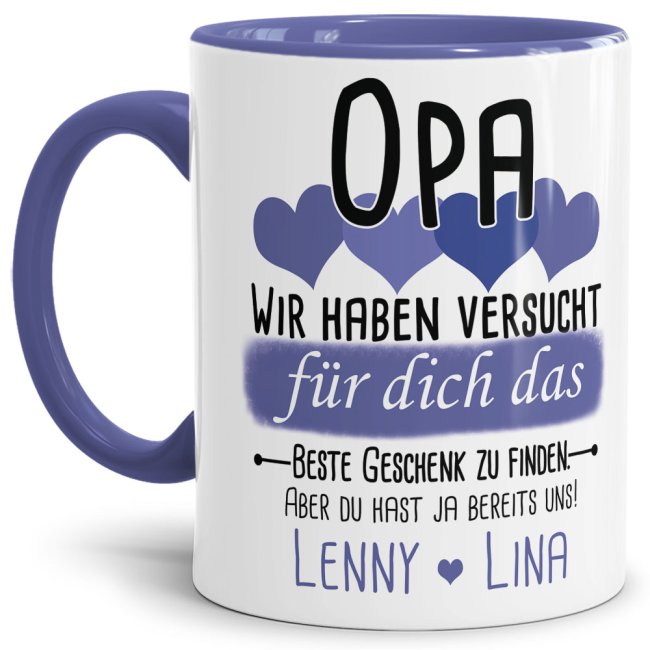 Tasse von WUNSCHNAMEN - F&uuml;r Opa von mehr Kindern - Innen &amp; Henkel Cambridge Blau