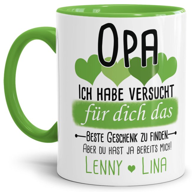 Tasse von WUNSCHNAMEN - F&uuml;r Opa von mehr Kindern - Innen &amp; Henkel Hellgr&uuml;n