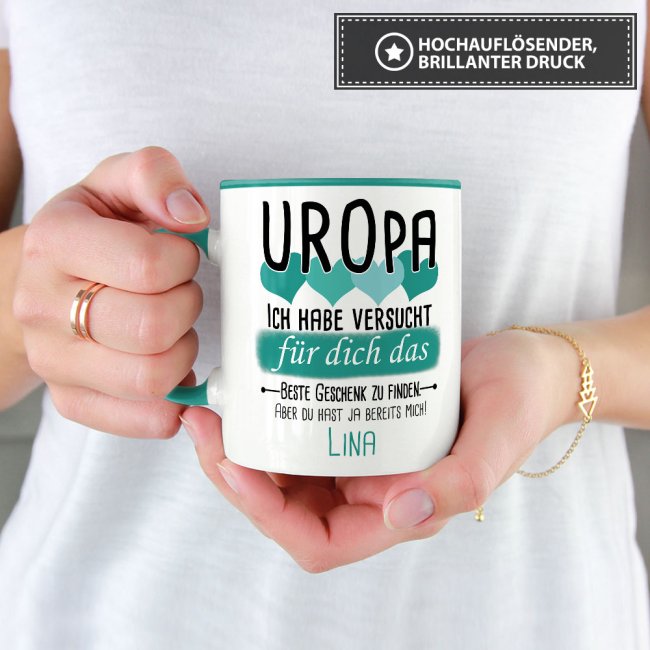 Tasse von WUNSCHNAME - F&uuml;r Uropa von einem Kind - Innen &amp; Henkel T&uuml;rkis