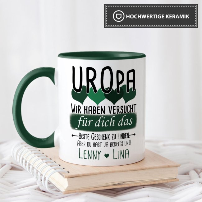 Tasse von WUNSCHNAMEN - F&uuml;r Uropa von mehr Kindern - Innen &amp; Henkel Dunkelgr&uuml;n