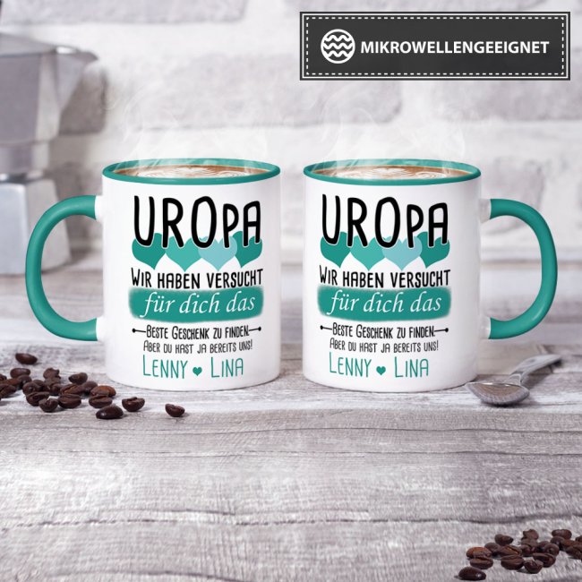 Tasse von WUNSCHNAMEN - F&uuml;r Uropa von mehr Kindern - Innen &amp; Henkel T&uuml;rkis