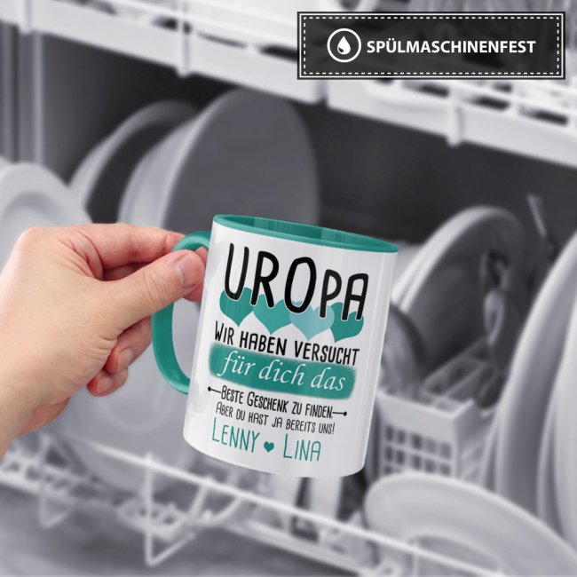 Tasse von WUNSCHNAMEN - F&uuml;r Uropa von mehr Kindern - Innen &amp; Henkel T&uuml;rkis