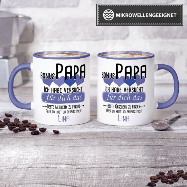 Tasse von WUNSCHNAME - F&uuml;r Bonus-Papa von einem Kind - Innen &amp; Henkel Cambridge Blau