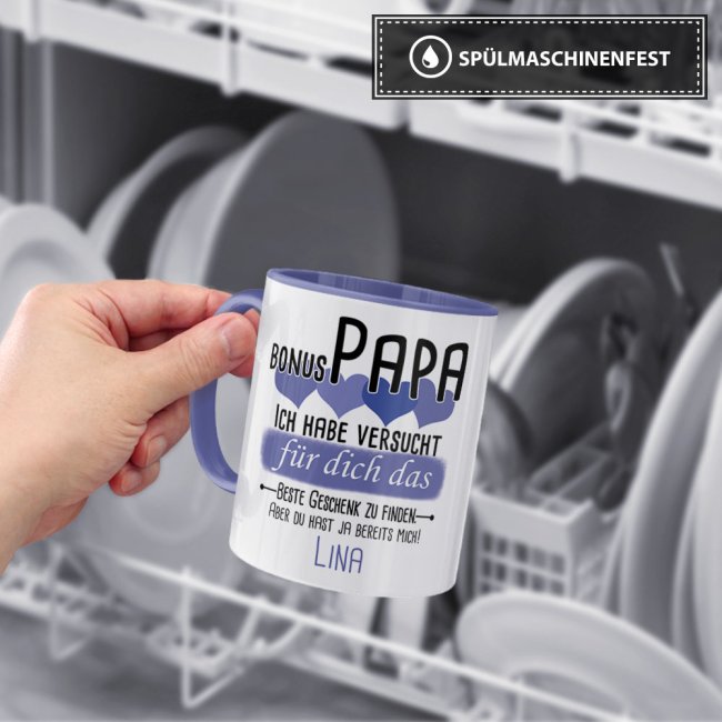 Tasse von WUNSCHNAME - F&uuml;r Bonus-Papa von einem Kind - Innen &amp; Henkel Cambridge Blau