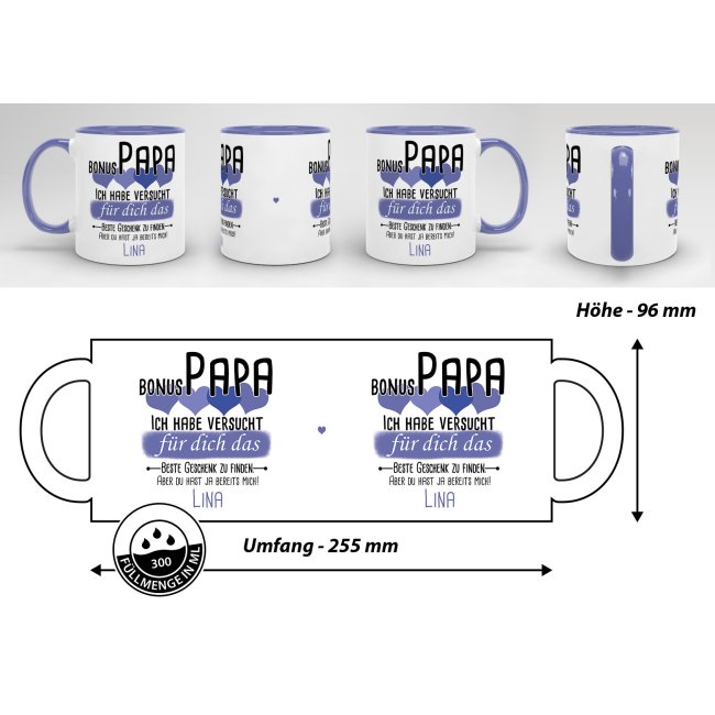 Tasse von WUNSCHNAME - F&uuml;r Bonus-Papa von einem Kind - Innen &amp; Henkel Cambridge Blau