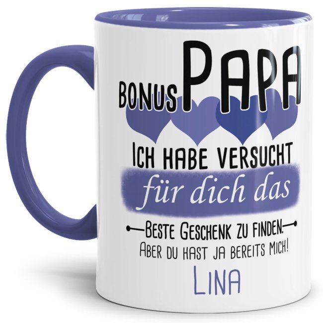 Tasse von WUNSCHNAME - F&uuml;r Bonus-Papa von einem Kind - Innen &amp; Henkel Cambridge Blau