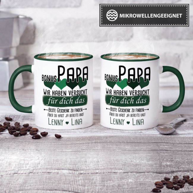 Tasse von WUNSCHNAMEN - F&uuml;r Bonus-Papa von mehr Kindern - Innen &amp; Henkel Dunkelgr&uuml;n