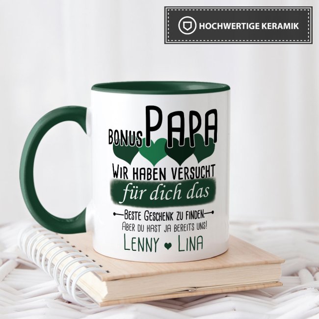 Tasse von WUNSCHNAMEN - F&uuml;r Bonus-Papa von mehr Kindern - Innen &amp; Henkel Dunkelgr&uuml;n