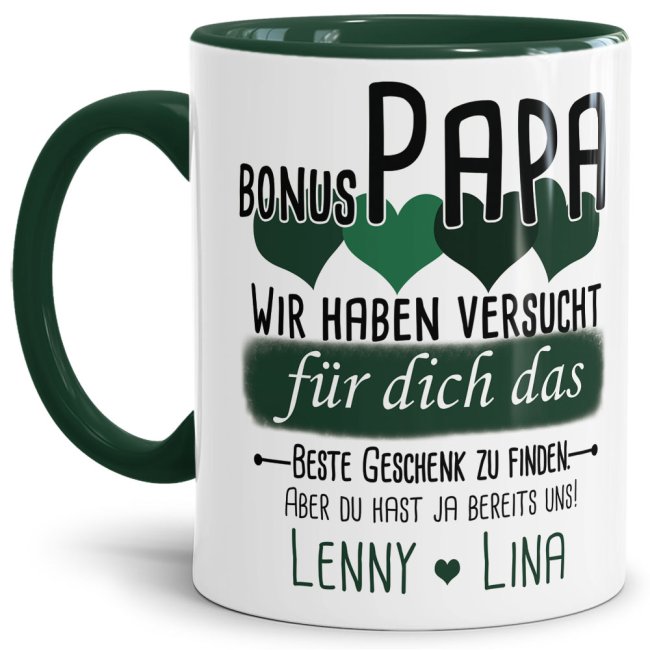 Tasse von WUNSCHNAMEN - F&uuml;r Bonus-Papa von mehr Kindern - Innen &amp; Henkel Dunkelgr&uuml;n