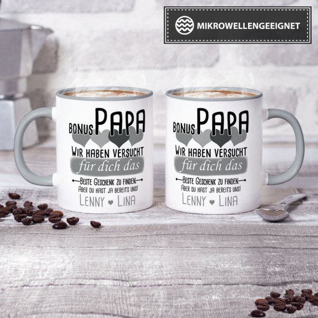 Tasse von WUNSCHNAMEN - F&uuml;r Bonus-Papa von mehr Kindern - Innen &amp; Henkel Grau