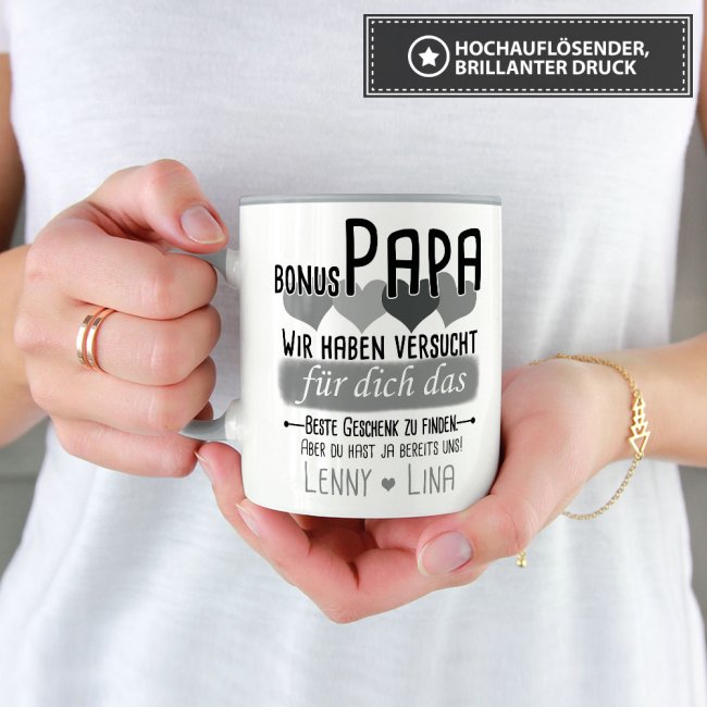 Tasse von WUNSCHNAMEN - F&uuml;r Bonus-Papa von mehr Kindern - Innen &amp; Henkel Grau