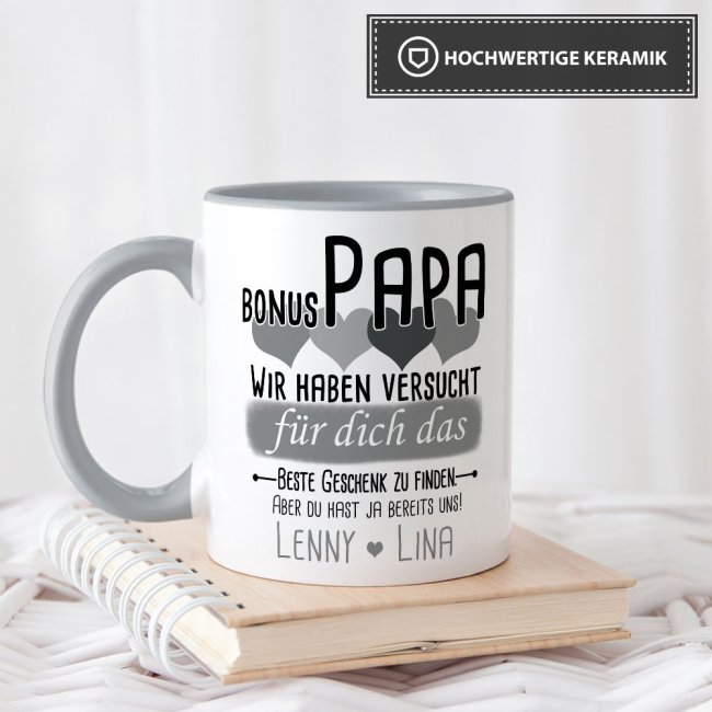 Tasse von WUNSCHNAMEN - F&uuml;r Bonus-Papa von mehr Kindern - Innen &amp; Henkel Grau