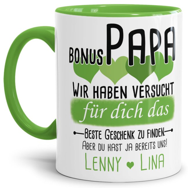 Tasse von WUNSCHNAMEN - F&uuml;r Bonus-Papa von mehr Kindern - Innen &amp; Henkel Hellgr&uuml;n