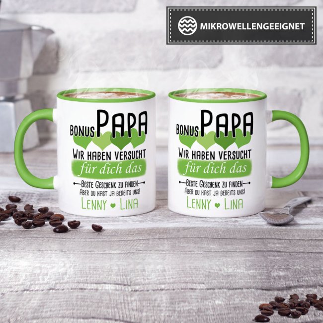 Tasse von WUNSCHNAMEN - F&uuml;r Bonus-Papa von mehr Kindern - Innen &amp; Henkel Hellgr&uuml;n