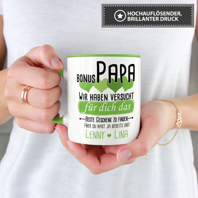 Tasse von WUNSCHNAMEN - F&uuml;r Bonus-Papa von mehr Kindern - Innen &amp; Henkel Hellgr&uuml;n