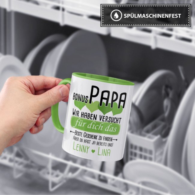 Tasse von WUNSCHNAMEN - F&uuml;r Bonus-Papa von mehr Kindern - Innen &amp; Henkel Hellgr&uuml;n