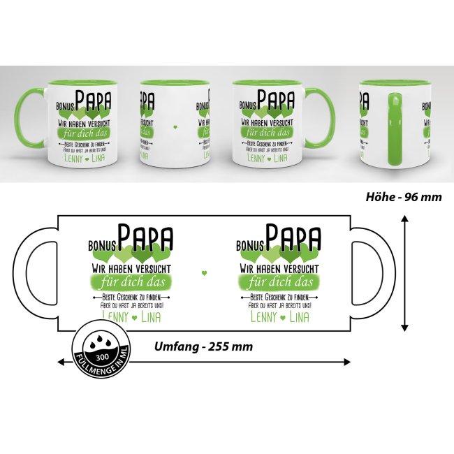 Tasse von WUNSCHNAMEN - F&uuml;r Bonus-Papa von mehr Kindern - Innen &amp; Henkel Hellgr&uuml;n