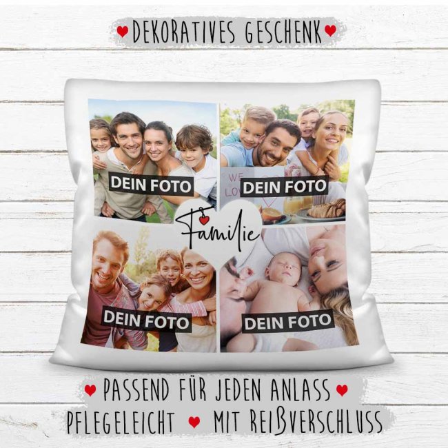 Kissen mit F&uuml;llung - Fotocollage zum selbst Gestalten - Familie - mit vier Fotos  - Wei&szlig;