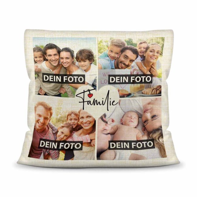 Kissen mit F&uuml;llung - Fotocollage zum selbst Gestalten - Familie - mit vier Fotos Kissen Leinenoptik- Natur