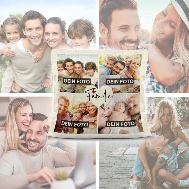 Kissen mit F&uuml;llung - Fotocollage zum selbst Gestalten - Familie - mit vier Fotos Kissen Leinenoptik- Natur