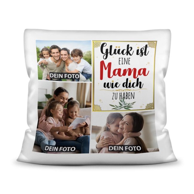 Kissen mit F&uuml;llung - Fotocollage - GL&Uuml;CK - zum selbst Gestalten mit drei Fotos f&uuml;r Mama  - Wei&szlig; glatt