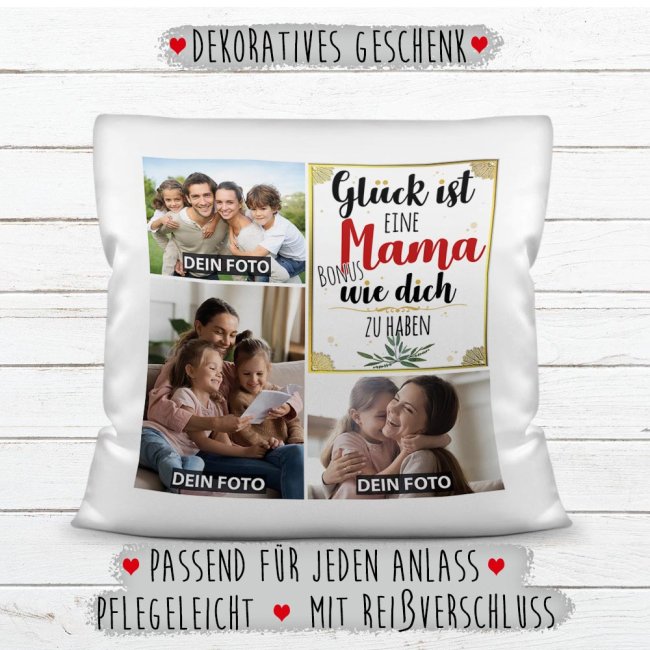 Kissen mit F&uuml;llung - Fotocollage - GL&Uuml;CK - zum selbst Gestalten mit drei Fotos f&uuml;r die Bonusmama - Wei&szlig; glatt