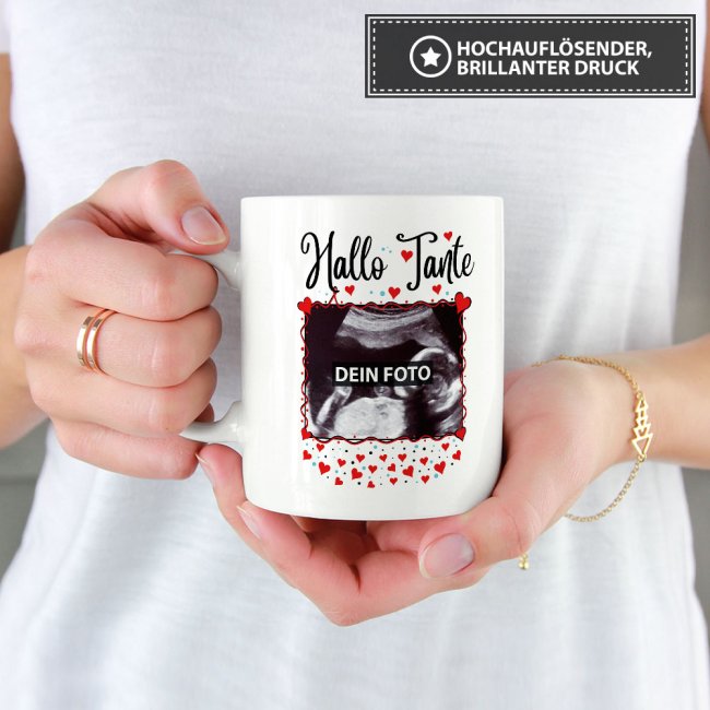 Tasse - Hallo Baby - personalisierbar mit Ultraschallbild f&uuml;r die Tante - Wei&szlig;