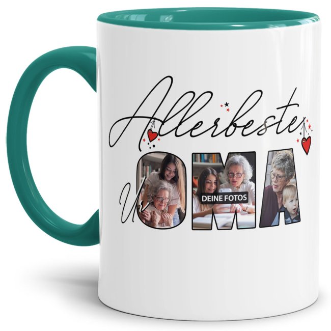 Tasse mit Fotocollage f&uuml;r die allerbeste Uroma - Innen &amp; Henkel T&uuml;rkis