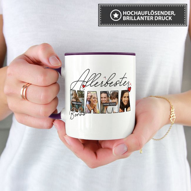 Tasse mit Fotocollage f&uuml;r die allerbeste Bonusmama - Innen &amp; Henkel Violett