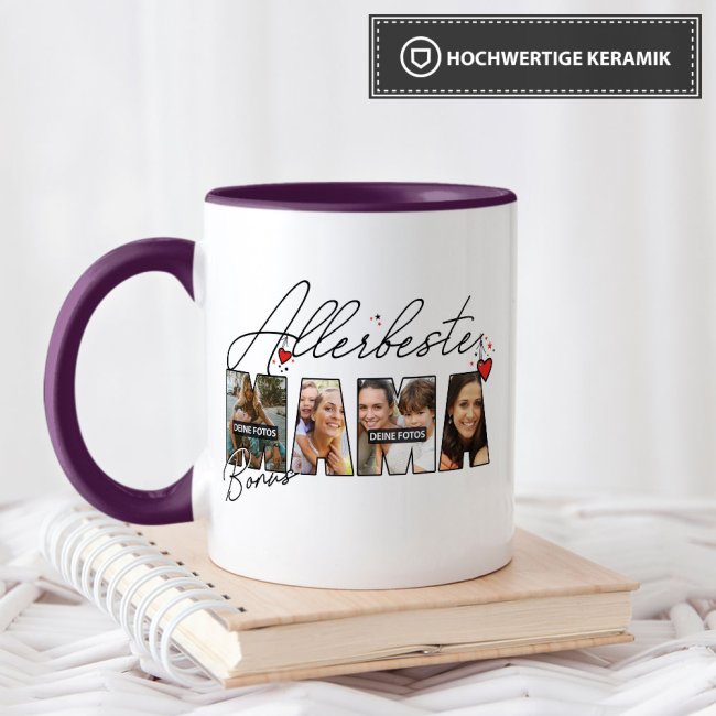 Tasse mit Fotocollage f&uuml;r die allerbeste Bonusmama - Innen &amp; Henkel Violett