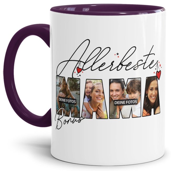 Tasse mit Fotocollage f&uuml;r die allerbeste Bonusmama - Innen &amp; Henkel Violett