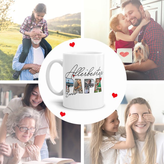 Tasse mit Fotocollage f&uuml;r den allerbesten Bonuspapa - Innen &amp; Henkel Hellblau