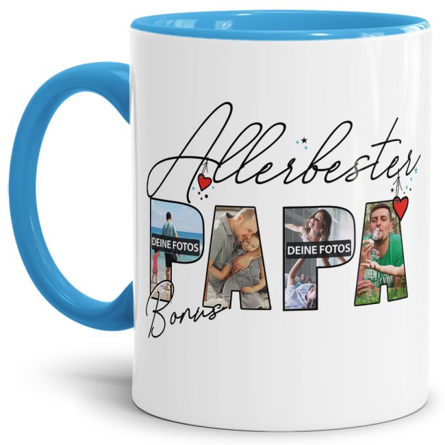 Tasse mit Fotocollage f&uuml;r den allerbesten Bonuspapa - Innen &amp; Henkel Hellblau