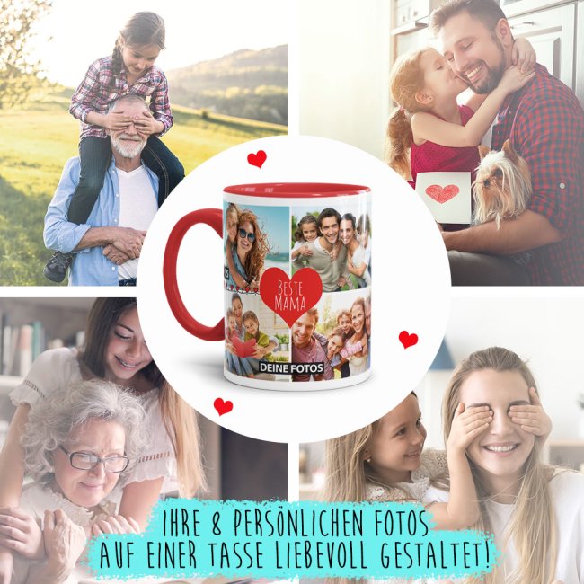 Tasse mit Fotocollage - Beste Mama - Innen &amp; Henkel Rot